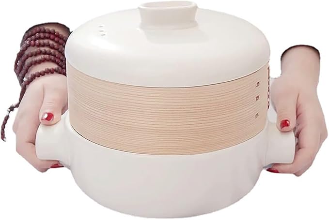 Steamer for Cooking Japanese Ceramic Hot Pot, Earthenware Clay Pot Casserole Steamer Cookware Stew Pot Stockpot with Lid & Steamer Basket for Healthy Cooking, Even Heating,White,2L
