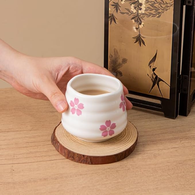 4pcs Japanese Tea Cup Set – 160ml 5.4OZ Ceramic Matcha Cup, Small Handless Espresso Cups, Cute Coffee Mugs for Valentine (Sakura)