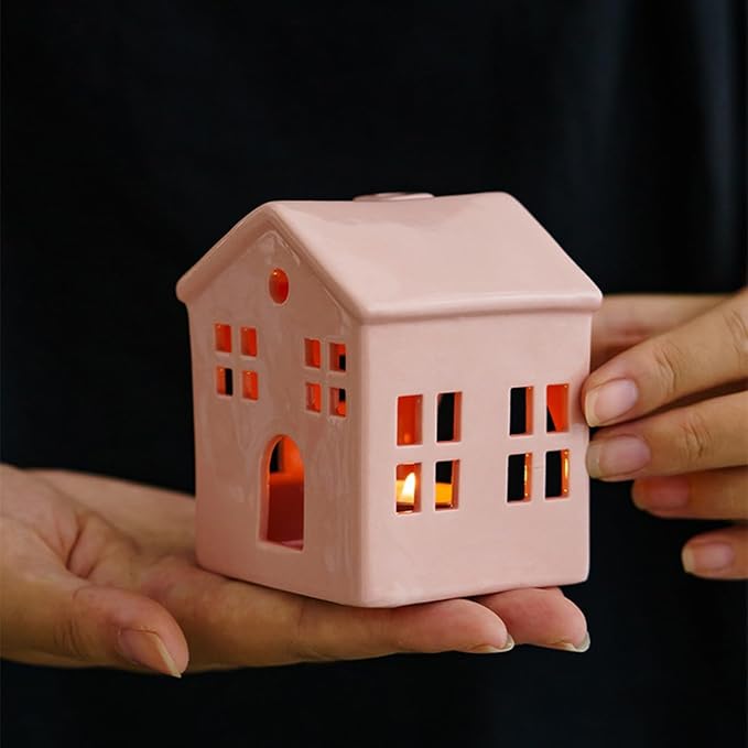Hollowed Ceramic Village House Tealight Candle Holder for Home Fireplace Mantel Table Centerpiece Winter Holiday Christmas Decorations (Pink)