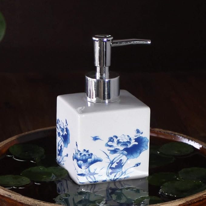 Countertop Soap Dispensers, Refillable Pump Bottle Ceramic Lotion Soap Dispenser with Pump for Bathroom and Kitchen Office, Vintage Blue and White Porcelain Floral Decorative(Gold)