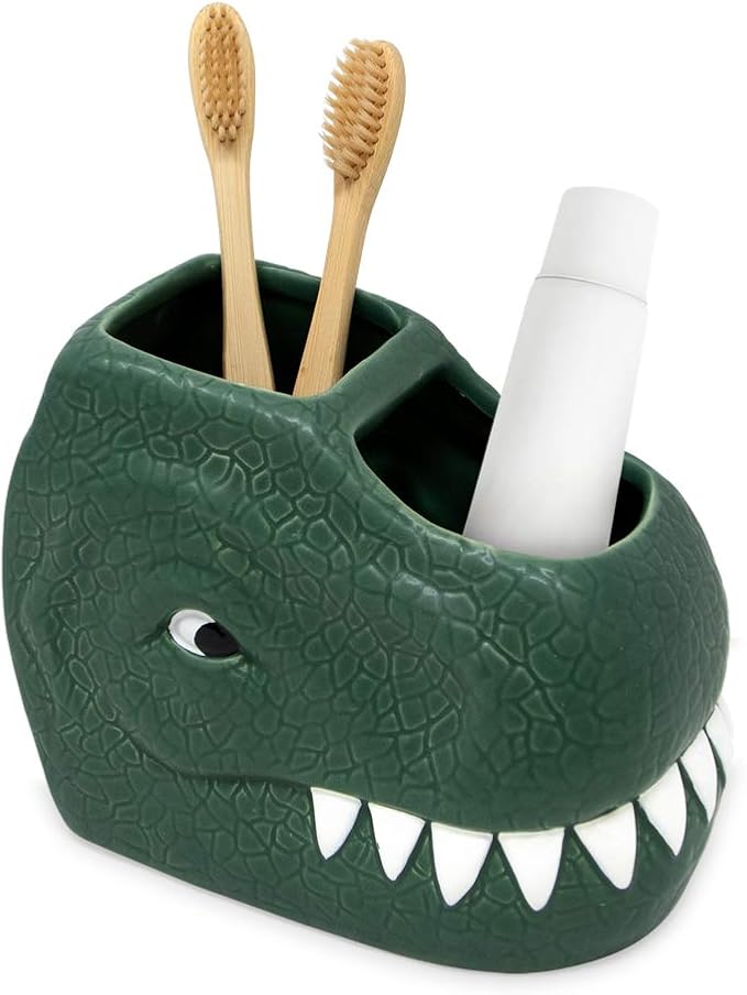 Isaac Jacobs Green Ceramic Dinosaur Dual Compartment Toothbrush Holder, Multi-Purpose Organizer, for Toiletries, Bathroom, Kitchen, Crafts, Desk, Novelty Bathroom Accessory (2-Section Cup, Green)