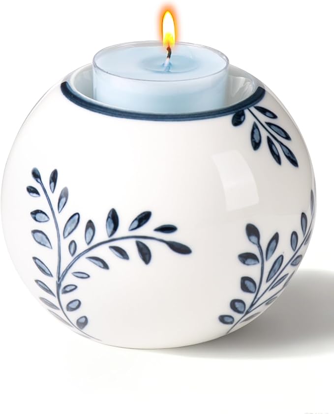 Ceramic Tealight Candle Holder, Chinoiserie Candlestick Holder for Taper Candle, Blue and White Decor, Leaf