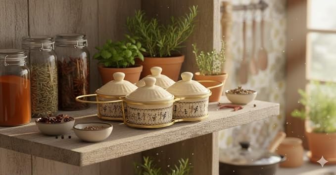 Set of 4 Ceramic Containers With Lid & Metal Rack - 5 Oz (150 ml) – Glazed Condiment Holders For Kitchen Counter, Food Storage Jars for Pickle, Dry Fruits, Sauces, Chutneys, Spices, Home Dining Decor