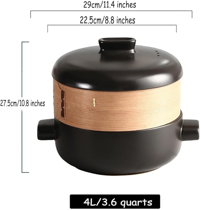 Steamer for Cooking Japanese Ceramic Hot Pot, Earthenware Clay Pot Casserole Steamer Cookware Stew Pot Stockpot with Lid & Steamer Basket for Healthy Cooking, Even Heating,Black,4L