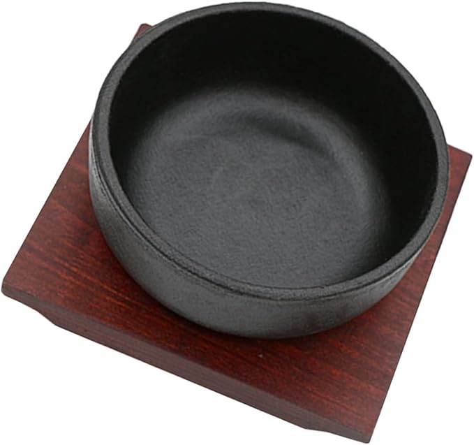 Lurrose Cast Iron Bibimbap Rice Bowl with Wooden Tray 15cm Korean Stone Pot for Induction Cooker Daily Use Japanese Cuisine Serving Bowl