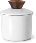 DOWAN Butter Crock for Counter, French Butter Keeper Crock with Water, Ceramic Airtight Butter Dish with Wood Knob Lid for Soft Butter, Soft White