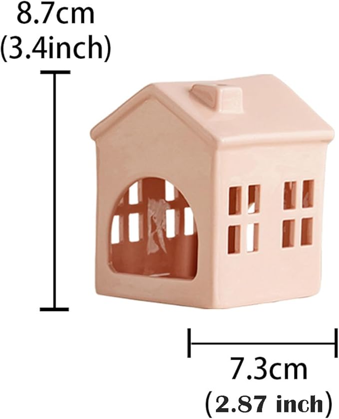 Hollowed Ceramic Village House Tealight Candle Holder for Home Fireplace Mantel Table Centerpiece Winter Holiday Christmas Decorations (Pink)