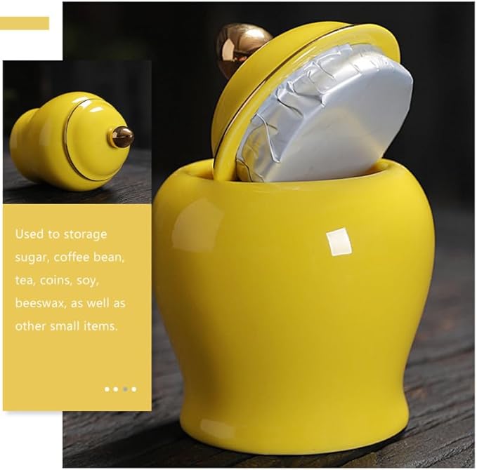 Amosfun Tea Storage Jar Ceramic Canister Yellow Lid Sealed Storage Solution for Household