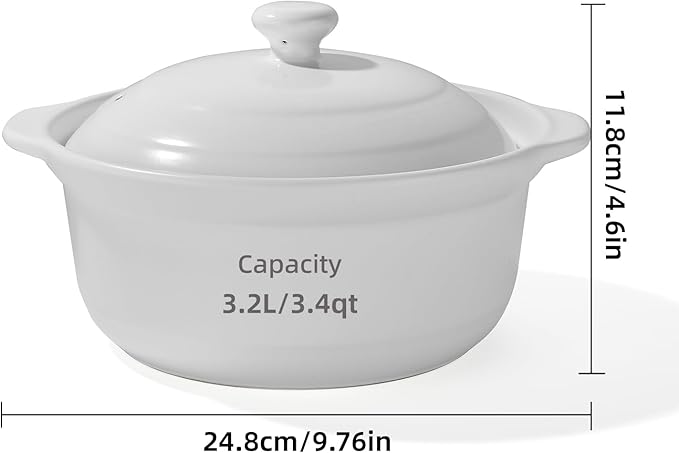 Korean Dolsot Pot Set, Bowl with Lid, for Cooking Bibimbap, Kimchi, Hot Pot, Soups and Stews, Oven and Dishwasher Safe, 3.4 Quart, White