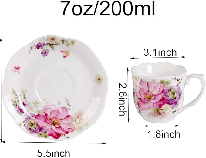 GuangYang 7 oz Porcelain Tea Cups and Saucers Set of 6, Pink Floral Design – Elegant Gift Set for Tea Lovers, Coffee, Cappuccino, Mocha, Weddings, Housewarming & Holidays