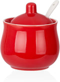 Ceramic Sugar Bowl with Lid and Spoon, Red Porcelain Sugar Salt Pepper Storage Jar, 7 Ounces