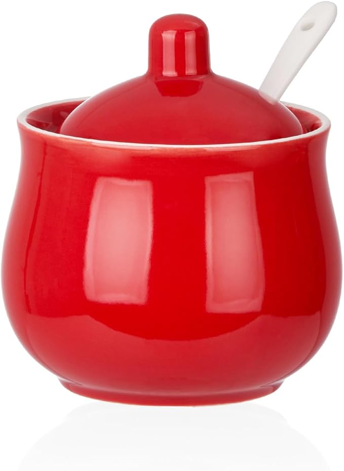 Ceramic Sugar Bowl with Lid and Spoon, Red Porcelain Sugar Salt Pepper Storage Jar, 7 Ounces