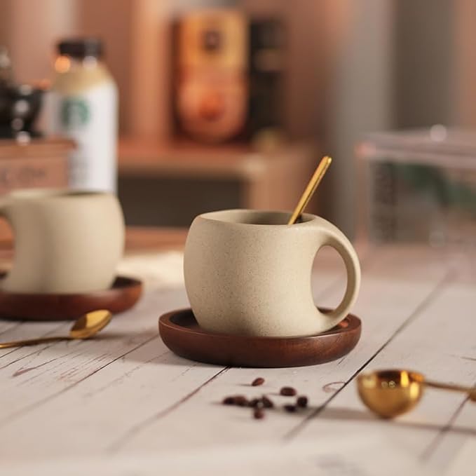 1pcs-Ceramic Coffee Cup Sets (250ML, 7*9.8*7.5cm), Japanese Style Hot Tea Cup, Coarse Earthenware Latte Cup, Includes Cup Saucer and Spoon, Suitable for Home, Restaurant, Tea Party, etc.