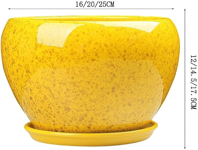 Simple Flower Pot Chinese Style Yellow Flower Glaze Ceramic Pot Indoor Large Succulent Plant Pot with Tray Outdoor Balcony Breathable Planter Exquisite Orchid Plant Pot (Size : M)