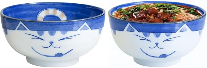 JapanBargain 2471, Set of 2 Japanese Porcelain Bowls Serving Miso Soup Pho Ramen Udon Donburi and Salad, Maneki Neko Smiling Cat Pattern, 18 fl.oz. 5-inch, Blue Color, Made in Japan
