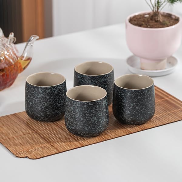 TEANAGOO Japanese Tea Cups Set of 4pcs, 6.9oz/205ml Elegant Ceramic Matcha Cups with Flat Base, Charcoal Black Handleless Coffee Mugs, Microwave & Dishwasher Safe, Beautiful Gift Box
