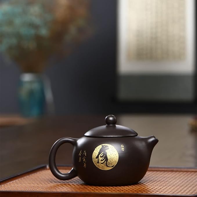 Xishi Teapot 7oz Chinese Yixing Zisha Clay Pot Ceramics Purple Sand Mud Kungfu Tea Set Kettle Spherical Filter (Black with golden tiger)