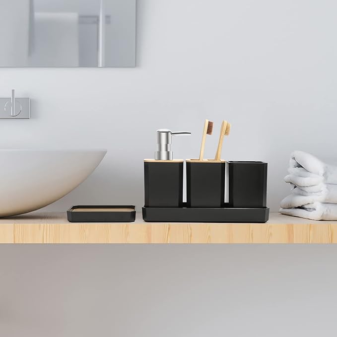FEILANDUO Bathroom Accessories Set,5 Pcs Bathroom Accessory Gift Set, Soap Dispenser, Soap Dish, Toothbrush Holder, Toothbrush Cup, Vanity Tray, Boho, Modern Bathroom Decor (Black)