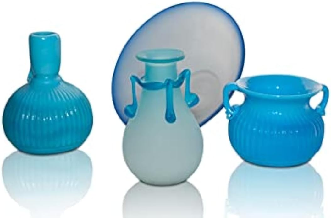 Set of 4 Opaque Blue, Jade Blue Hand Blown Glass Arts - Candle Holders