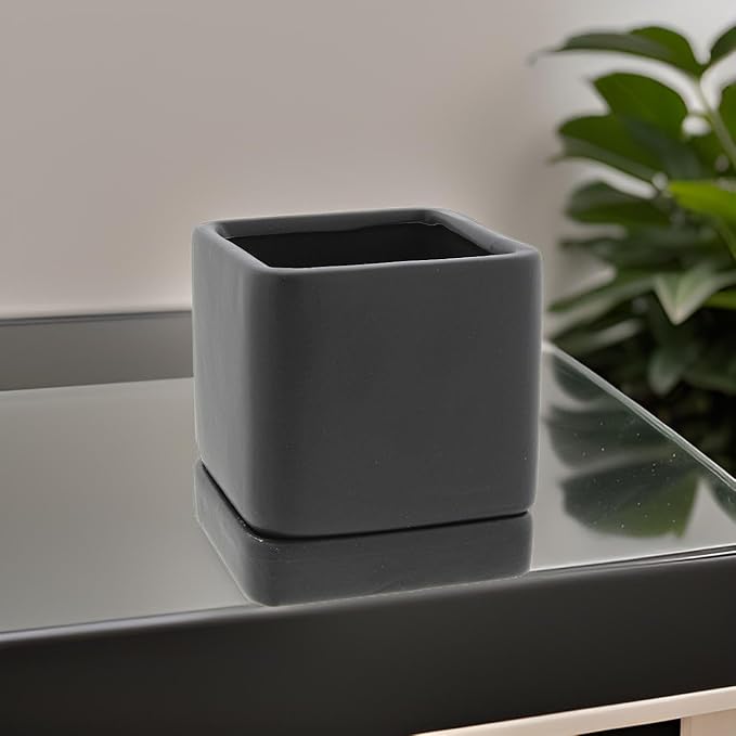 Lucky Winner Solid Cube Ceramic Planter Pot with Drain Hole- Unique Minimal Square Plant Pot for Indoor Outdoor Home Garden Decor (Black, 4")