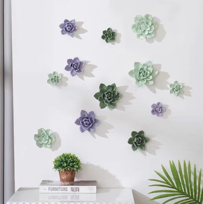 Snow Lotus，3.54" Ceramic Flower Wall Art, Artificial 3D Flower Wall Art, Handmade 3D Wall Art Hanging Sculpture, Porcelain Flower Wall Decoration for Home Office Decor (Dark Green)