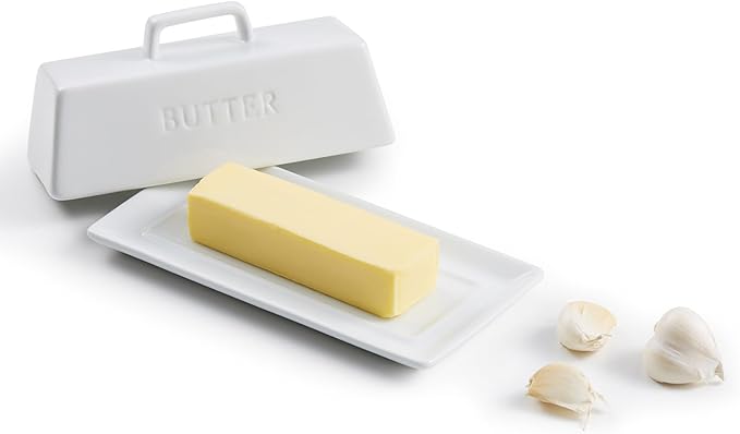 Butter Dish with Lid for Countertop, by Kook, Ceramic Dish Tray with Cover, Kitchen Keeper, Container, Holder (White)