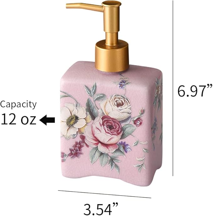 WAYUTO 12 Oz Vintage Soap Dispenser Ice Crack Ceramic Liquid Soap Dispenser Lotion Pump Bottle for Kitchen Countertop Bathroom Decorative Antique Floral Porcelain Hand Soap Dispenser Pink Rose