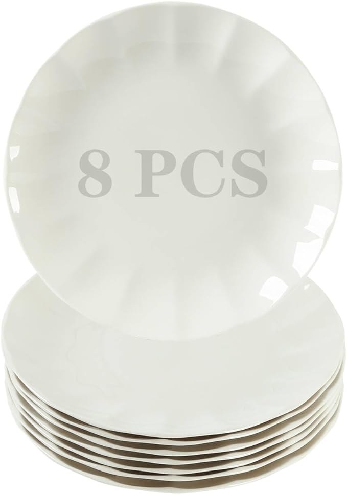 10.5 Inch Porcelain Large Dinner Plates Set of 8,White Round Petal Appetizer Salad Plates, Ceramic Dinnerware Serving Plate for Pancakes, Steak, Pasta, Pizza, Microwave, Dishwasher Safe