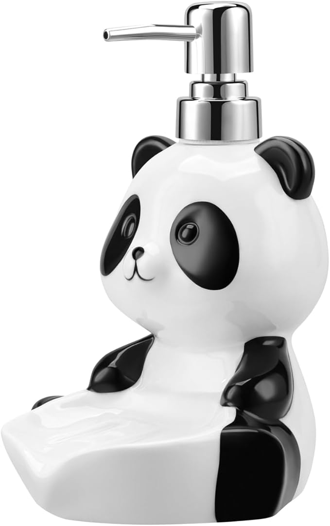 Ceramic Soap Dispenser 12 Oz Cute Panda Shape Lotion Hand Pump Dispensers with Soap Holder for Bathroom Kitchen
