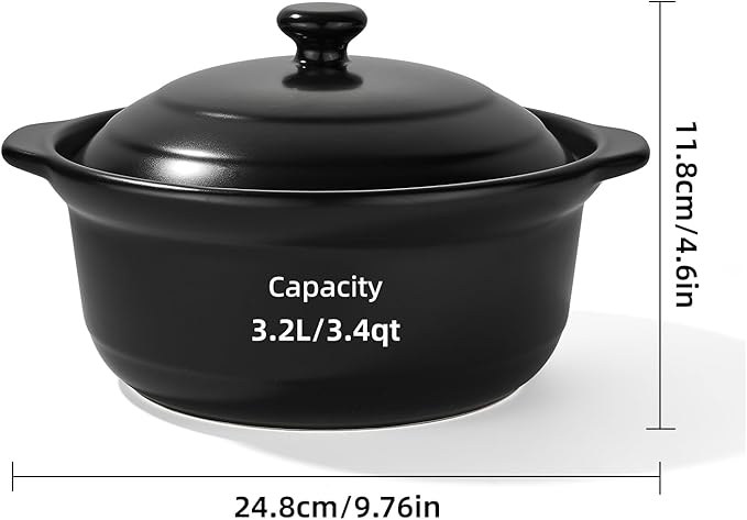 Korean Dolsot Pot Set, Bowl with Lid, for Cooking Bibimbap, Kimchi, Hot Pot, Soups and Stews, Oven and Dishwasher Safe, 3.4 Quart, Black