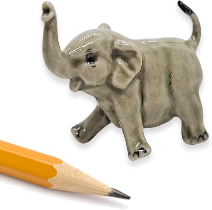 ChangThai Design Tiny 1¾" Light Gray Baby Elephant Walk Lift Trunk Figurine - Miniature Hand Made Painted Ceramic Asian Elephants Cute Wild Animals Porcelain Decorative Collectible Figures Décor Gifts