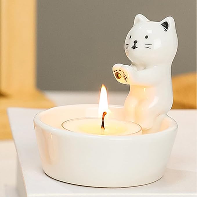 Kitten Candle Holder, Cute Cartoon Cat Candlestick Handmade Scented Candle Sticks Holder Decor Cat Lover Gifts Ca-t Home Decor Candlestick (Not Included Candles)(Color:White)
