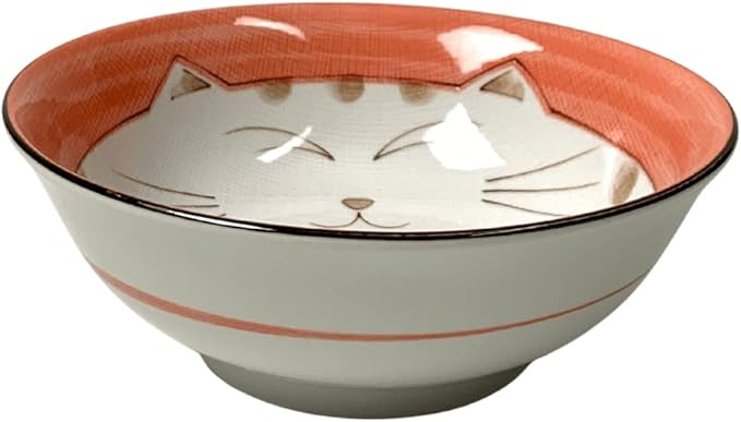 JapanBargain Set of 4 Japanese Porcelain Bowls, Large 7.5 Inch Ramen Udon Noodle Rice Soup Pho Poke Cereal Bowl, Maneki Neko Smiling Lucky Cat Pattern, Pink, Made in Japan