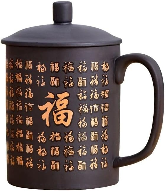Ceramic Teacup, Chinese Hand Painted Purple Clay Tea Mug with Lid and Infuser, (13oz) Zisha Water Mug Drinkware for Office Home (Color change Bless)