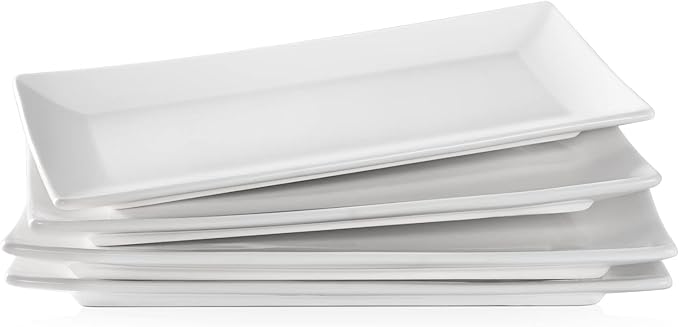 LIFVER Serving Platter, White Rectangle Plates Set of 4, 10 Inches Sushi Plate, Ceramic Serving Trays for Party, Dessert, Appetizer, Steak, Serving Dishes for Entertaining, Dishwasher & Oven Safe