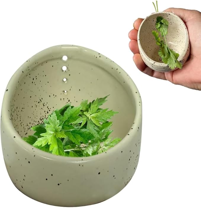Pottery Herb Stripper Bowl, Handmade Ceramic Herb Peeling Cup with Different Round Hole Sizes for Efficient Leaf Removal, Ideal for Parsley, Cilantro, Rosemary & Cooking Salads (B)