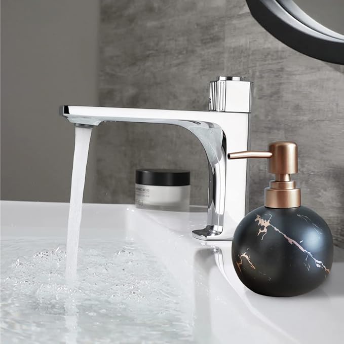 Gold Soap Dispenser for Bathroom or Kitchen, Cute Marble Round Ceramic Lotion Bottle, Rust-Free Pump(Black)