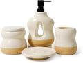 BosilunLife Bathroom Accessories Set of 4 - Beige Bathroom Countet Soap Set Bathroom Decor Bathroom Lotion Soap Dispenser Sets Toothbrush Holder, Soap Dish, Apothecary Jar (Beige with Sand Base)