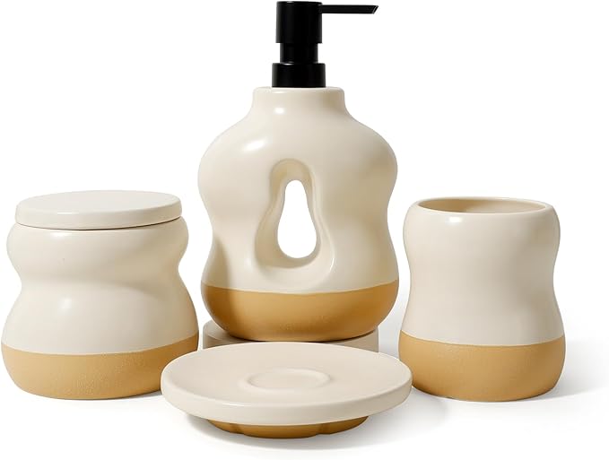 BosilunLife Bathroom Accessories Set of 4 - Beige Bathroom Countet Soap Set Bathroom Decor Bathroom Lotion Soap Dispenser Sets Toothbrush Holder, Soap Dish, Apothecary Jar (Beige with Sand Base)