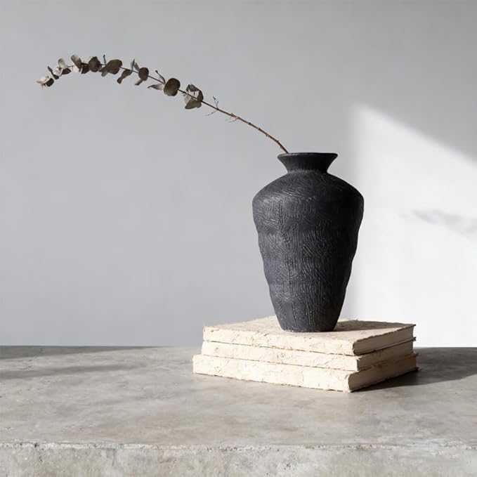 Wabi Sabi Ceramic Vase 9.1 Inch, Rustic Pottery Vase for Home Decor, Organic Textured Charcoal Black Vase for Pampas Grass, Coffee Table Shelf Farmhouse Decor