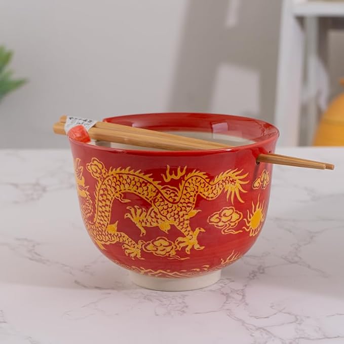 Urban Tokyo Handpainted Ceramic Glazed Japanese Ramen Udon Noodle Rice Bowl With Chopsticks 20 fl oz 5 inch Diameter Bowl Sets Color Box Packaging (Oriental Dragon Red)