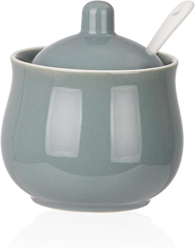 Ceramic Sugar Bowl with Lid and Spoon, Gray Porcelain Sugar Salt Pepper Storage Jar, 7 Ounces