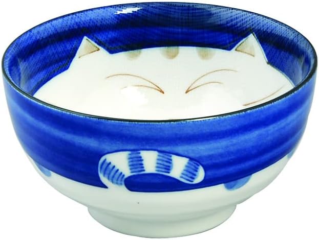 JapanBargain 2471, Set of 2 Japanese Porcelain Bowls Serving Miso Soup Pho Ramen Udon Donburi and Salad, Maneki Neko Smiling Cat Pattern, 18 fl.oz. 5-inch, Blue Color, Made in Japan