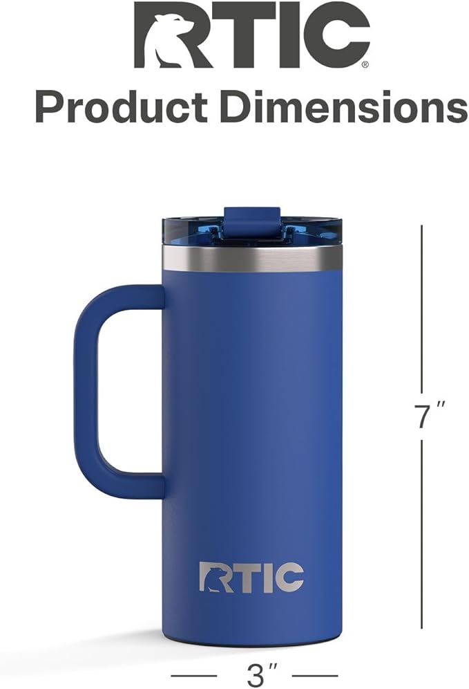 RTIC 16oz Road Trip Travel Mug with Lid and Handle, Ceramic Lined, Insulated, Stainless Steel, Metal, Double Wall Vacuum-Insulation, Portable Coffee, Tea Cup for Hot and Cold Drink, Cobalt