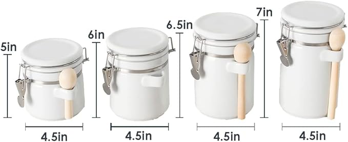 Canister Sets For The Kitchen (4 Piece Set) White, High Gloss Ceramic | By Home Basics | Decorative| With Wooden Spoons, Countertop Set For Flour, Sugar, Coffee, and Snacks