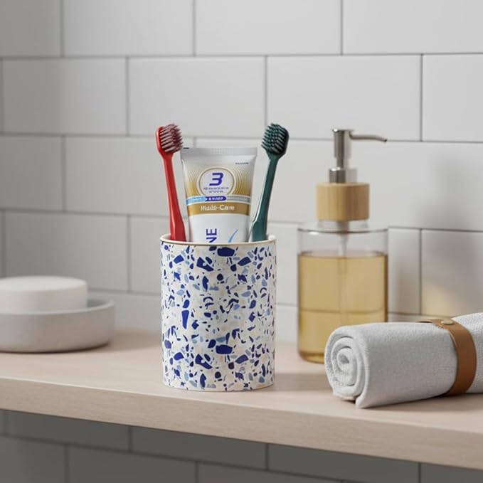 Ceramic Toothbrush Holder Toothpaste Holders, Cute Bathroom Tumbler Cups Reusable,Checkered Bathroom Counter Decor Organizer, Makeup Brush Holder,Pen Holder (Terrazzo)