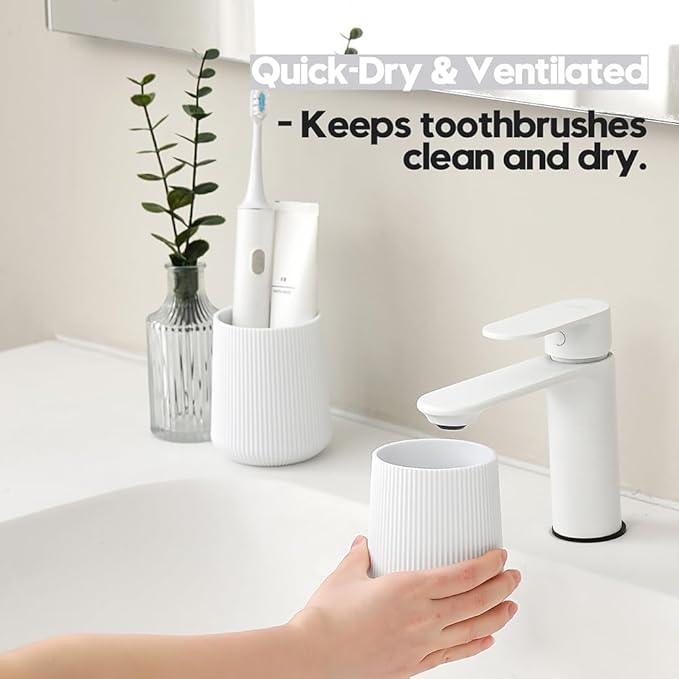 White Striped Toothbrush Holder for Electric Toothbrushes Bathroom Organizer Cup for Toothpaste Kids & Adults