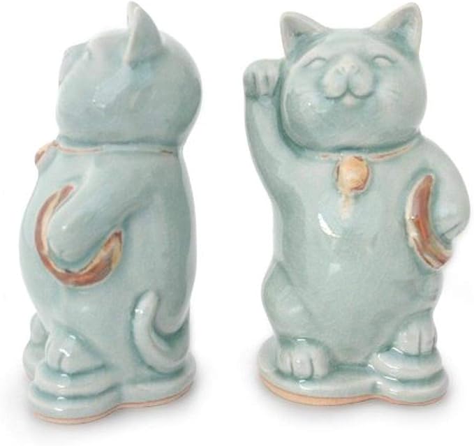 NOVICA Green Good Fortune Celadon Ceramic Sculpture, 5.5" Tall 'Charming Good Luck Cats'