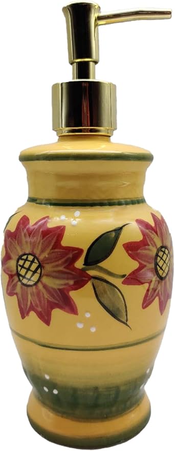 ACK Ceramic Hand Painted Country Sunflower Refillable Soap Dispenser/Lotion Jar, Kitchen Décor, Bathroom Décor