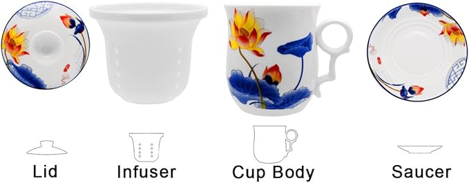 Porcelain Tea Cup with Infuser Lid and Saucer Sets - Chinese Jingdezhen Ceramics Coffee Mug Teacup Loose Leaf Tea Brewing System for Home Office